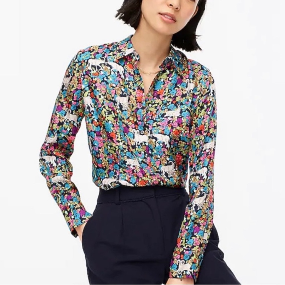 J. Crew Collection Silk Twill Button Up Shirt, Grazing Goats Print size 10